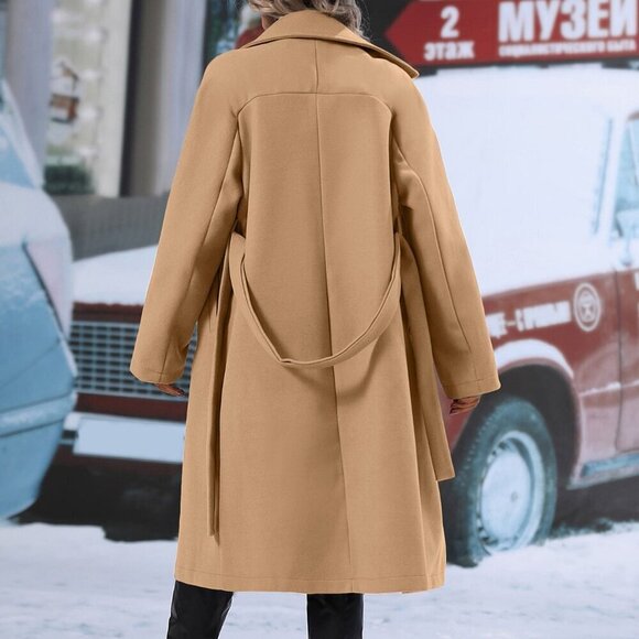Casual Women's Double Breasted Lapel Neck Belted jacket Overcoat Camel - Picture 2 of 5